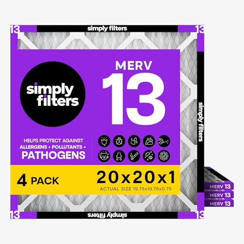 Simply 20x20x1 Air Filter Merv 13 4 Pack For Home AC Furnace & HVAC (Actual Size: 19.75x19.75x0.75) DUST Pet & Allergy Control