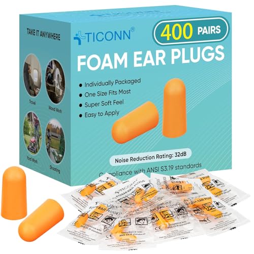 Image of TICONN 400 Pairs Foam Ear Plugs, Hunting Earplugs Individually Wrapped 32dB NRR Noise Reduction Ear Plugs for Sleeping Fishing Passive Hearing Protection Travel Study Concentration (400 Pairs)