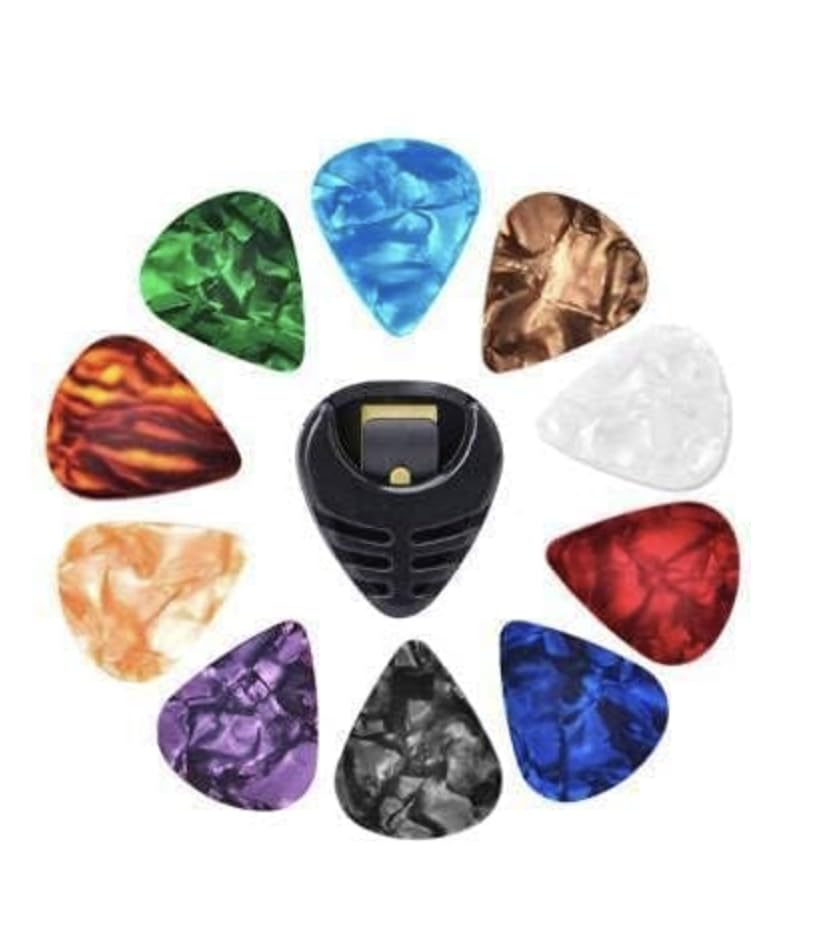 The Tune Town - Multicolor Guitar Pick Holder & 10 Pcs Guitar Picks - Suitable for Acoustic, Electric, Bass, Ukulele - Easy Stick-On, Celluloid Material