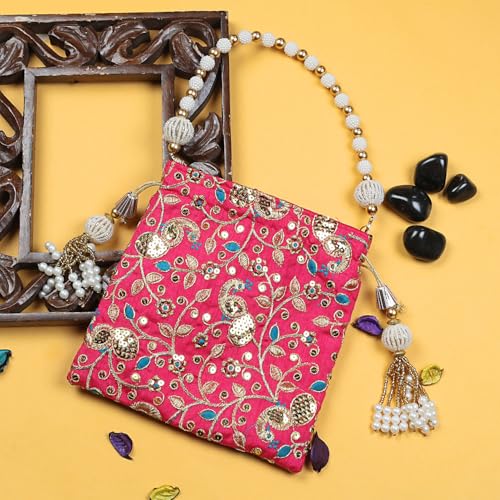 Image of LONGING TO BUY Indian Embroidered Pearl Potli Bag For Women, Sequence Design with Tassel, Wedding Potli Bags