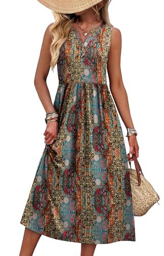 WIHOLL Dresses for Women 2026 Vacation Casual Maxi Summer Dress V Neck Button Up Cruise Outfits for Women Bohemia XL