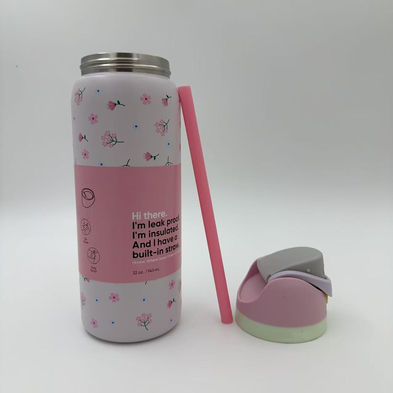 24oz Insulated Stainless Steel Water Bottle with Straw Bottle with Leak Proof Closable Sticker Straw Lid for Cold Water Drinking Sports Travel Car School (24oz-B11)