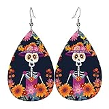 Dia De Los Muertos Mexican Day Skull Faux Leather Teardrop Earrings for Women Drop Dangle Earrings Gift