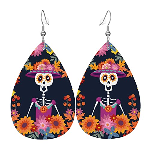 Dia De Los Muertos Mexican Day Skull Faux Leather Teardrop Earrings for Women Drop Dangle Earrings Gift