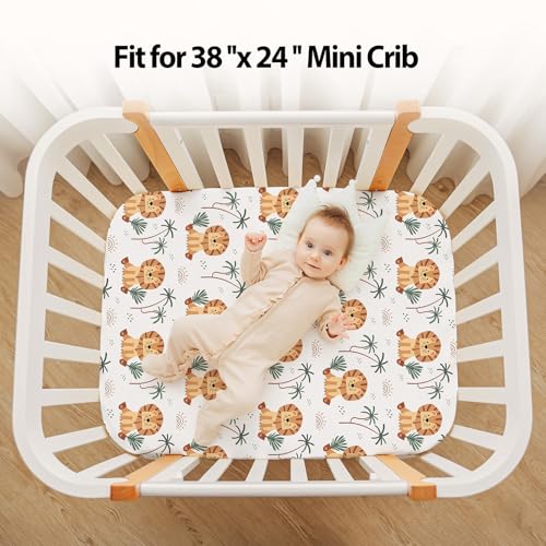 Baby Mini Crib Sheets Boy, Portable 38”x26” Pack and Play Sheets Fitted for Playard and Pack N Play Mattress, 3-Pack Soft Microfiber Brown Lion