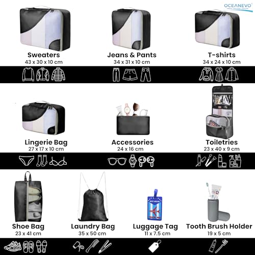 Image of OCEANEVO Set of 10 Pcs Packing Cubes for Travel | Includes Luggage Tag and Toothbrush Holder | Suitcase Organizer for Travelling for Clothes, Shoes and Lingerie | Model 3.0 - Black - 1 Year Warranty