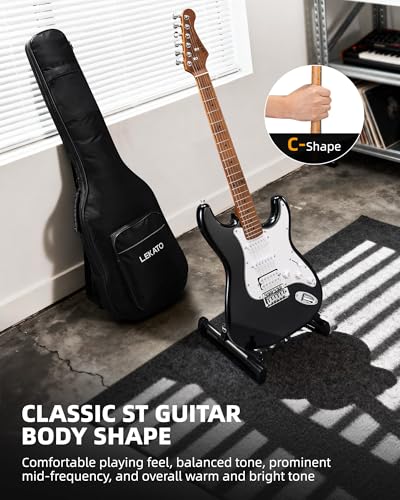Image of LEKATO Electric Guitar Kit Beginner 39 Inch Full Size Solid Body Guitar HSS for Starter Roasted Maple Neck Fretboard Stainless Steel Frets, 5W Mini Amp, Bag, Tuner, Capo, Strap, String, Picks- Black