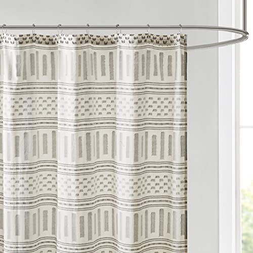 Image of Ink+Ivy Rhea 100% Cotton Shower Curtain, Geometric Print with Clipped Jacquard Texture Details, Mid Century Modern Boho Design Bathroom Decor, Machine Washable, 72 inch x 72 inch Ivory /Charcoal