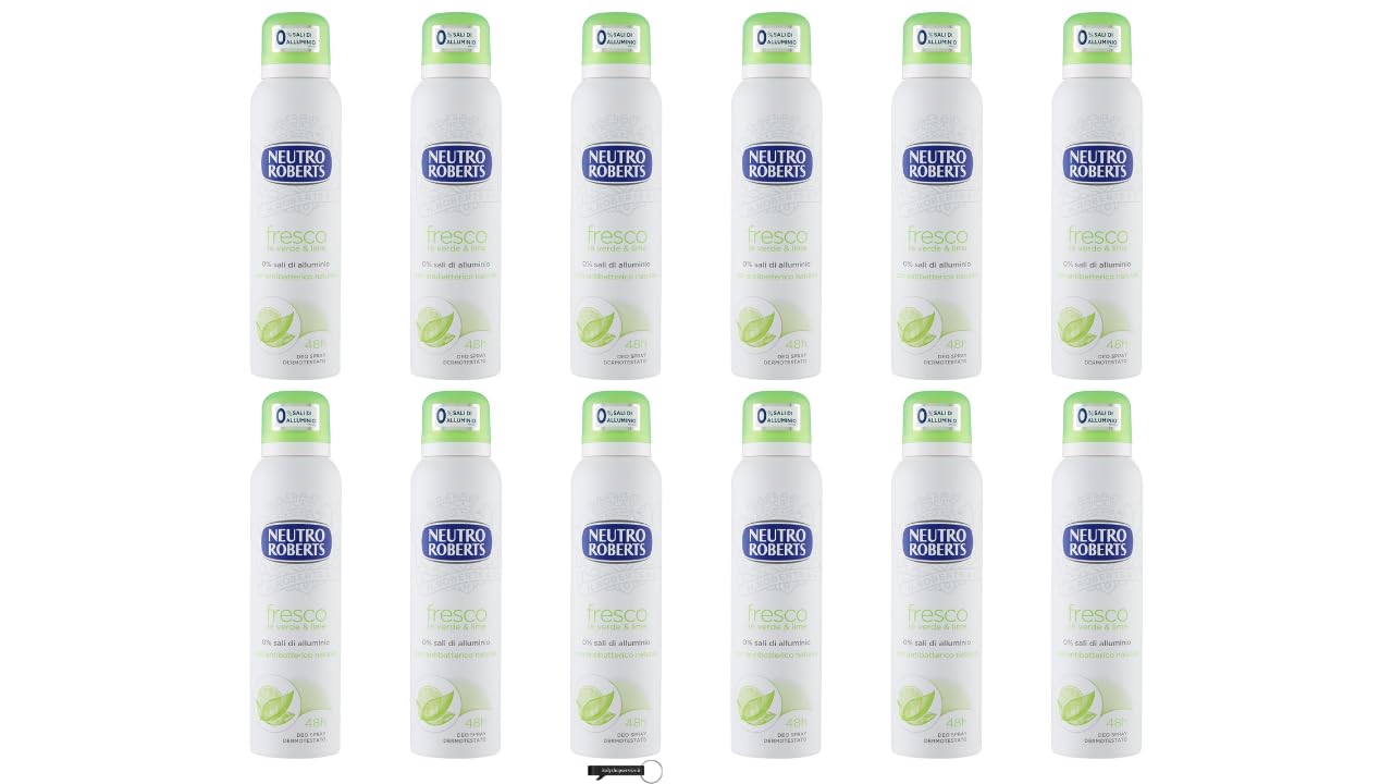 Neutro Roberts - 12 deodoranti spray Fresco, tè verde e lime, 0% sali di alluminio, protezione 48h, 150 ml, + portachiavi Italy Shop Service in omaggio