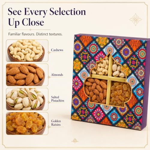 Image of Leeve Birthday Dry Fruit and Nut Gift Hamper with Cashews, Almonds, Salted Pistachios and Golden Raisins | 4-Section Decorative Box for Men, Women, Friends and Family | 200 g X 3