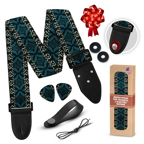 Guitar Strap For Acoustic, Electric and Bass Guitars, Adjustable Strap Includes 2 Strap Locks To Keep It Safe & 2 Unique Picks and Pick Pocket, Best Gift for Men & Women Players