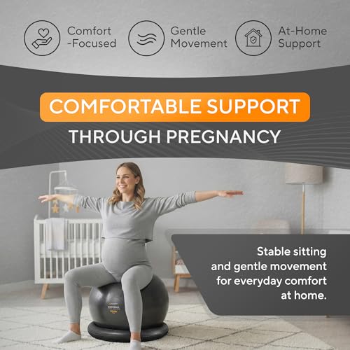 Image of Yoga Exercise Ball Chair for Office Desk with Base, Ideal for Pregnancy, Birthing, Stability Exercises & Fitness. Swiss Stability Birth Ball for Labor, Gym & Workouts.