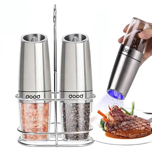 [Set Of 2] Automatic Gravity Electric Salt & Pepper Grinder Shaker Pepper Mill. Adjustable W/Stand, Battery Powered Led Light,One Hand Operation Salt And Pepper Grinder Set By Good Products #TOP30