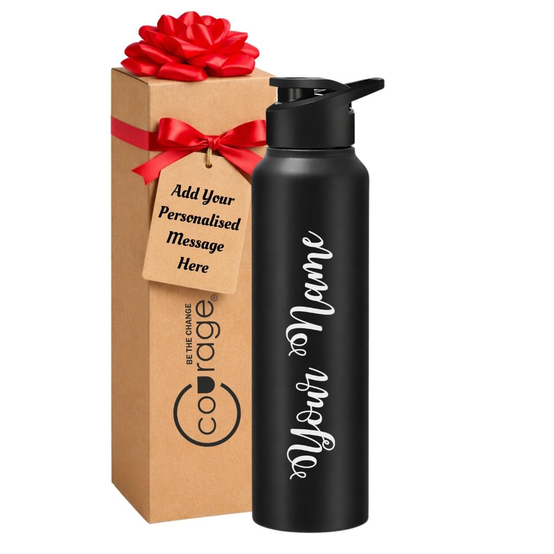 COURAGE Stainless Steel Customize Sipper Water Bottle 1Liter Leak Proof for Fridge Home Office Travel School Kids Boys Girls Adults Sports Gym Yoga - Black