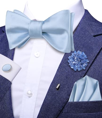 Image of Dubulle Self Tie Bow Ties and Lapel Pin for Men Paisley Solid Mens Bowtie and Handkerchief Cufflinks Set Wedding