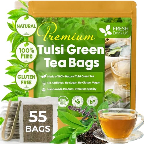 Image of FreshDrinkUS, Premium 55 Tulsi Green Tea Bags, 100% Natural & Pure, Herbal Tea, No Sugar, No Caffeine, No Gluten, Vegan.