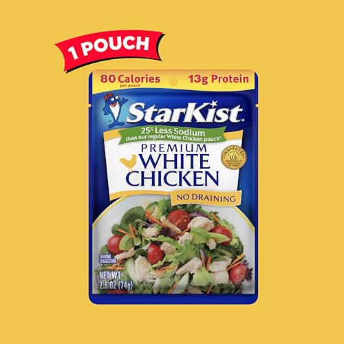 Image of StarKist 25% Less Sodium Premium White Chicken, 2.6oz Pouch, 1-Pack | 13g Protein Per Serving, Fully Cooked White Meat, Gluten Free, No Draining, Ready to Eat for Salad and Sandwiches