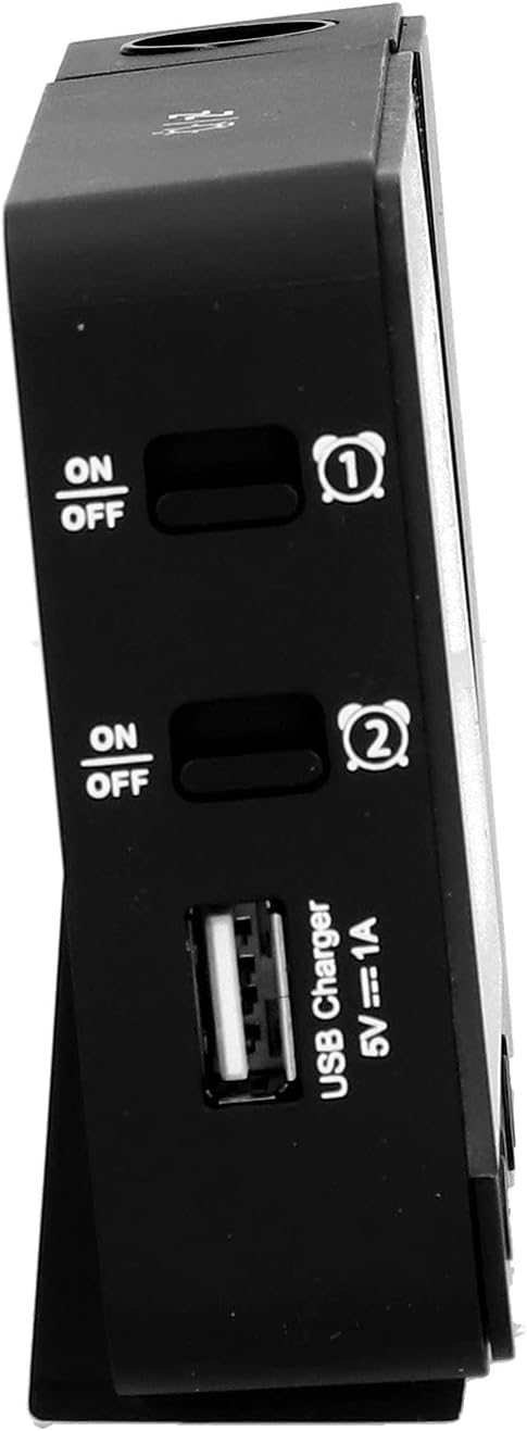 Side view of EVTSCAN Projection Clock showing alarm switches and USB charging port
