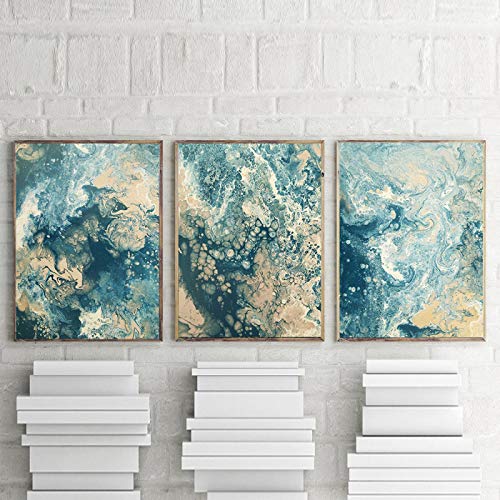 Impression à l'huile paysage abstrait sur toile haut de gamme triptyque bleu 3x 50x70cm