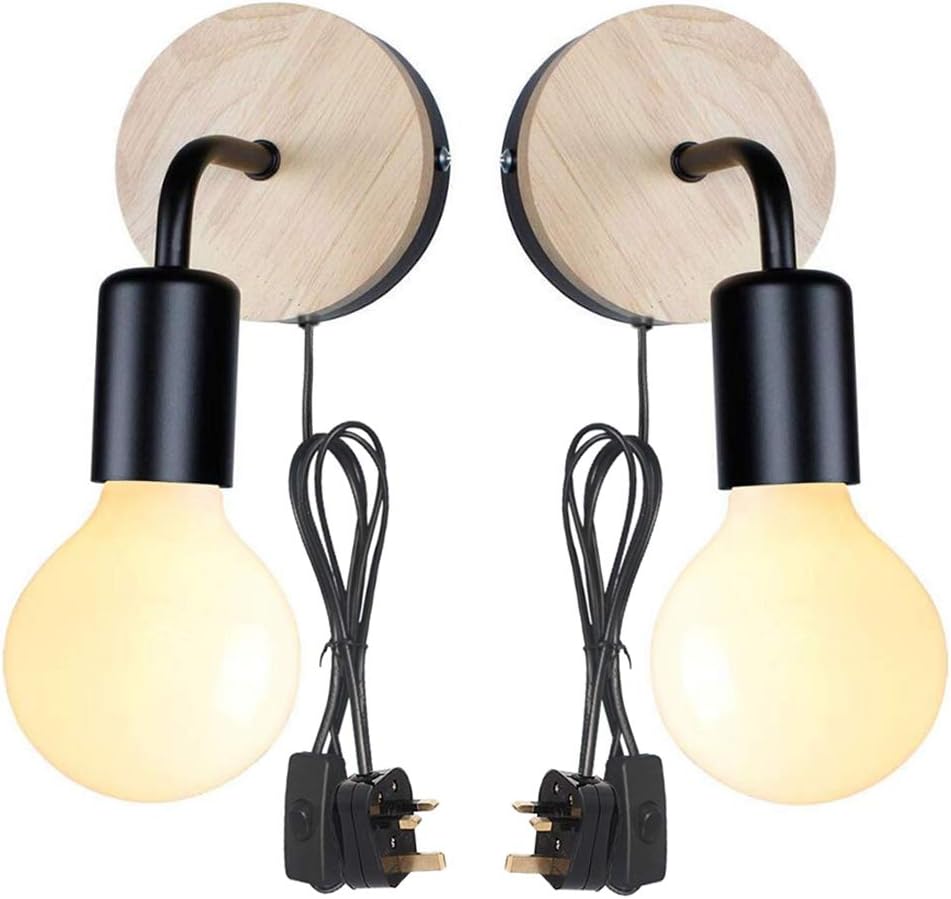 Set of 2 Minimalist Wall Light Sconce Plug-in 27 Base Modern Contemporary Style Task Wall Lamp Fixture with Wood Base and Iron Plate for Bedroom, Closet, Guest Room Hall Night Light