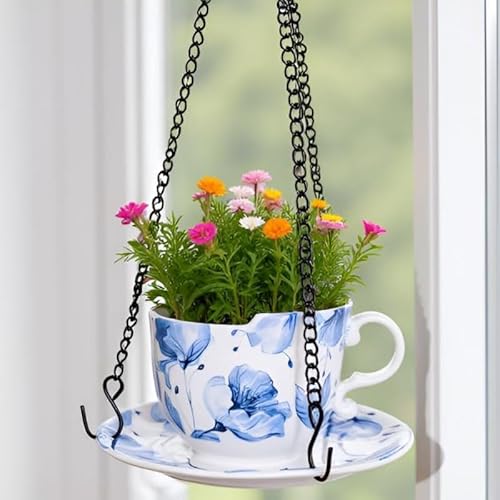 AMIEENOR Vasi Sospesi per Piante da Interno ed Esterno, Fioriera Sospesa in Ceramica a Forma di Tazza con Piattino, Portapiante da Appendere 16cm con Catena, Decoro Fiori Blu