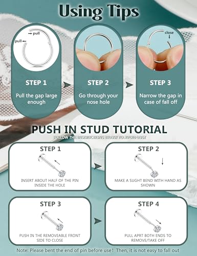 Florideco 14K Gold Filled Nose Rings - 316L Surgical Steel CZ Threadless Studs for Women & Men - Push-in Flat Back Nose Rings for Nostril, Tragus, Helix Piercing3