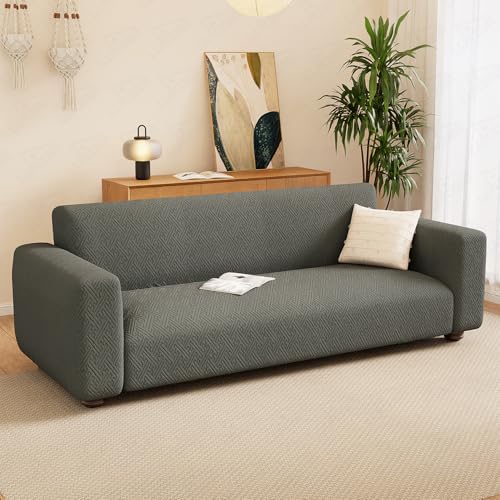 Image of Lukzer 5 Seater Pastel Dark Grey Grid Maze Pattern Sofa Cover | 240 GSM Universal Stretch Fit 3+1+1 Jacquard Fabric Couch Protector | Fully Covered Anti Slip & Washable Sofa Cover (SC-104-05)