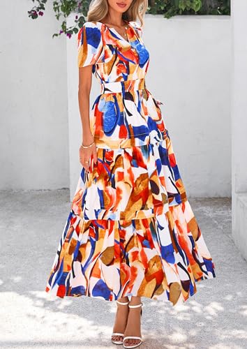 Image of PRETTYGARDEN Women's Summer Boho Floral Maxi Dresses | Bohemian Flower,Short Sleeve V Neck,Elastic Waist,A Line Tiered,Flowy Long,Pockets,Wedding Guest Party,Beach Vacation Outfits