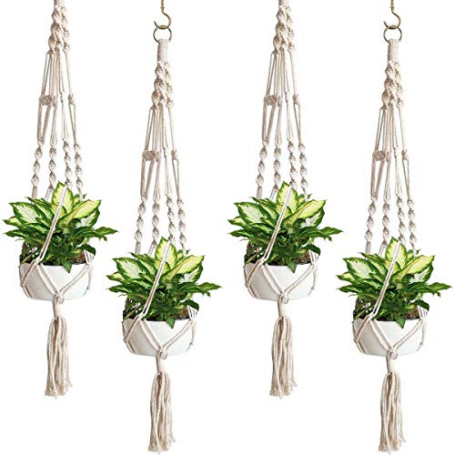 Eurobuy Macrame plantenhanger, plantenpotten hanger, indoor outdoor opknoping bloempot, plantenhouder opknoping plantenmand handgemaakte katoenen touw voor thuis, terras, tuin (4 stuks)