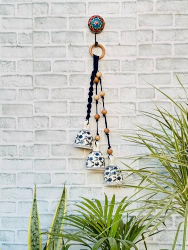 Image of Crafty Co. Handmade Ceramic Macrame Hanging Bells for Home Decoration | Bunch of 3 Big Ceramic Bells with Wooden Beads | Wall Hanging Bells for Entrance, Patio, Balcony & Festive Decor (Blue)