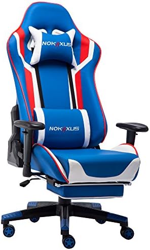 NOKAXUS Gaming Chair Large Size High-back Ergonomic Racing Seat with Massager Lumbar Support and Retractible Footrest PU Leather 90-180 degree adjustment of backrest Thickening sponges (Yk-6007-blue)