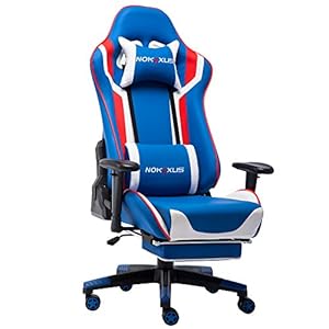 Nokaxus Gamingstoel groot formaat ergonomisch racestoel met massageapparaat lendensteun en intrekbare voetsteun PU leer 90-180 graden aanpassing van de rugleuning verdikking sponzen (Yk-6007-blauw)