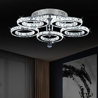 VETRULUS Modern Led Crystal Chandelier, 5 Circle Rings Crystal Pendant Ceiling Lights Flush Mount Lighting Fixture for Bedroom Dining Room Living Room (5 Rings(Cool White))