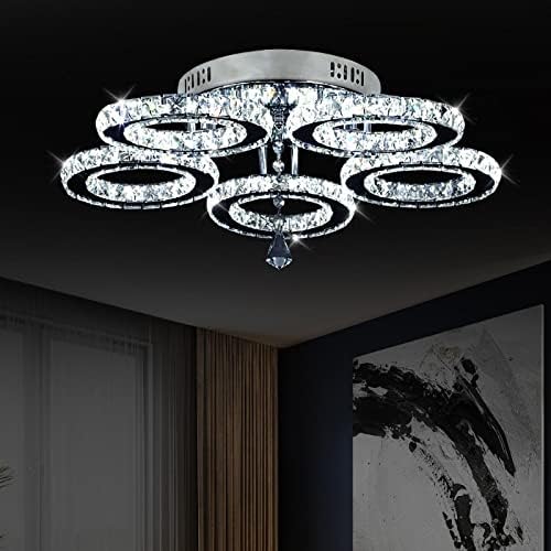 VETRULUS Modern Led Crystal Chandelier, 5 Circle Rings Crystal Pendant Ceiling Lights Flush Mount Lighting Fixture for Bedroom Dining Room Living Room (5 Rings(Cool White))