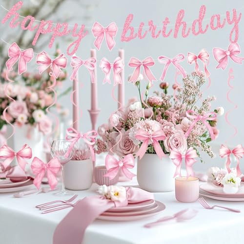 Image of Pink Bow Happy Birthday Banner Garland and Hanging Swirls for Girl Pink Bow Coquette Birthday Party Decorations