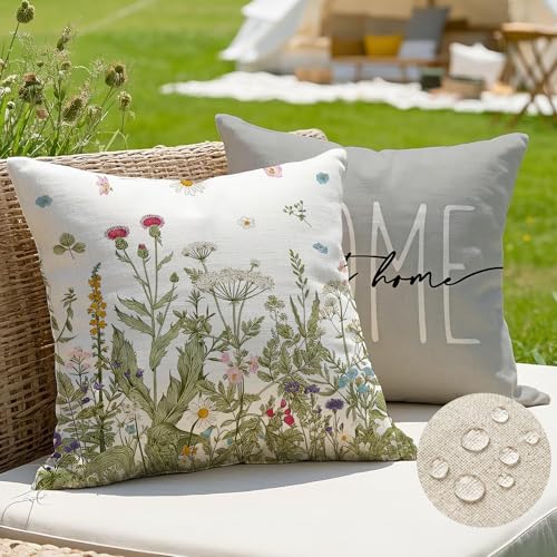 2er Set Wasserdichter Outdoor Kissenbezug 45x45 Grau, Grünpflanzen Design Gartenkissen, Sommer Modern Dekokissen, Doppelseitig & Muster, Leinen-Polyester für Balkon Garten Sofa Couch Wohnzimmer
