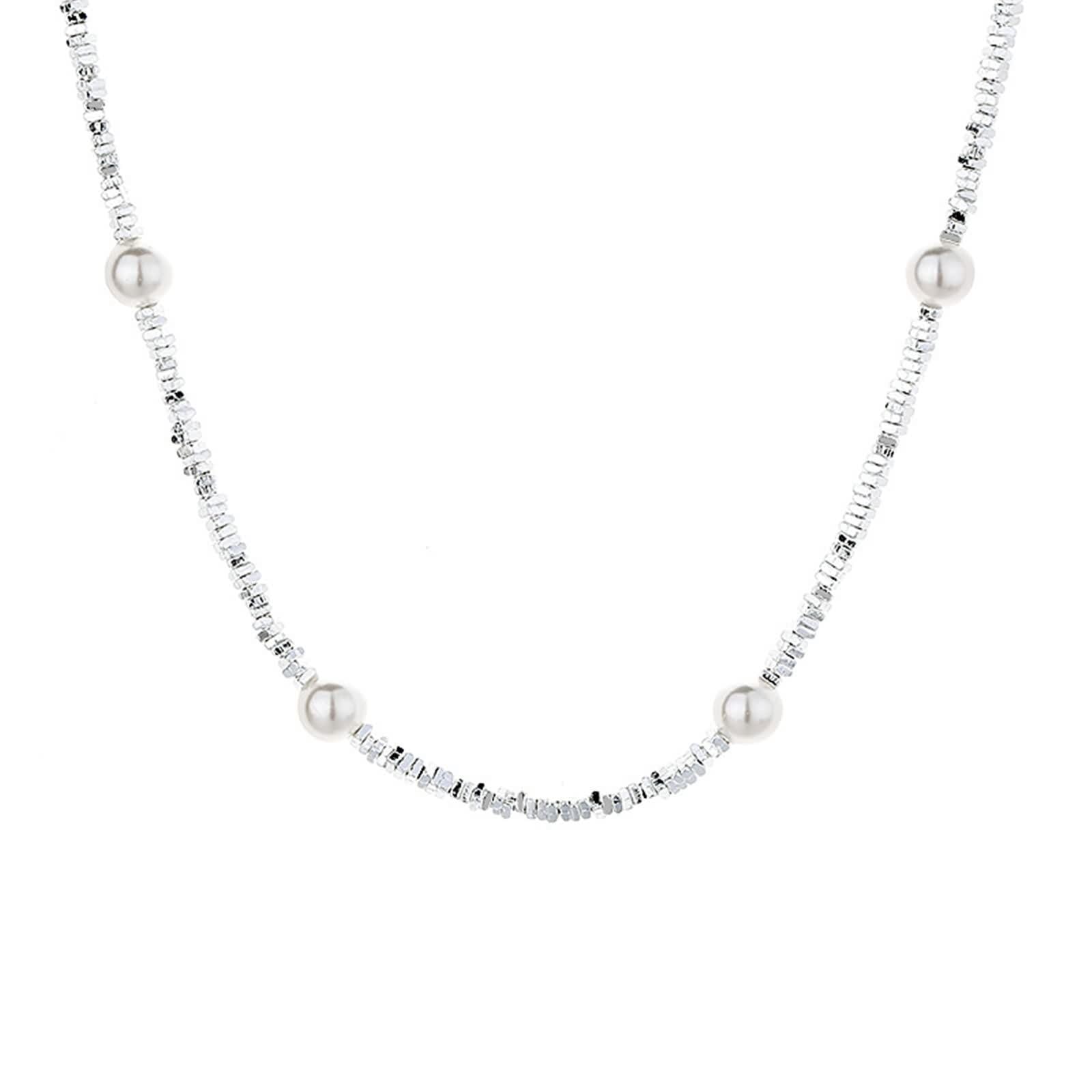 Collar largo de cadena de perlas de plata de ley 925 con forma redonda para cumpleaños, Perla
