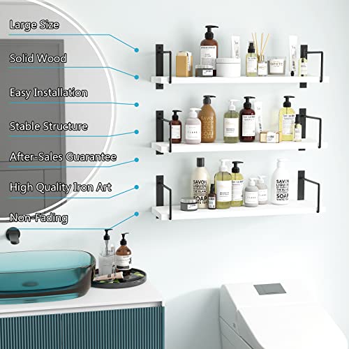 Image of Floating Shelves, 24 Inches Easy to Install Wall Mounted Shelves, Set of 3, Rustic Wood Shelves for Wall Decor, Storage Shelves for Living Room (White)