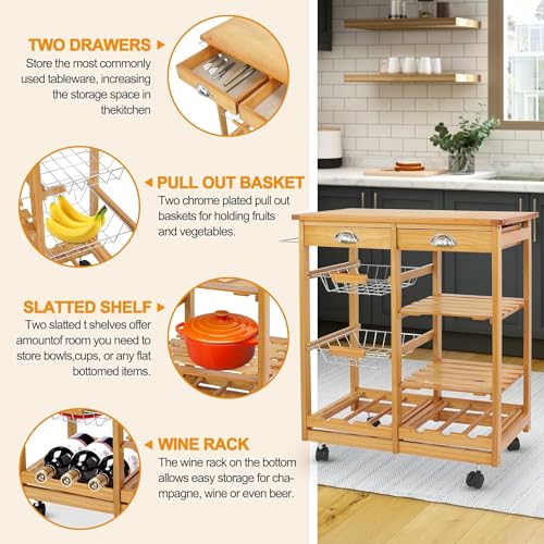 BBBuy Wooden Kitchen Island Cart with Storage Kitchen Cart Rolling Service Utility Cart on Wheels with 2 Drawers 3 Storage Shelves Towel Rack, Kitchen Service Trolley for Home, Restaurant, Bar