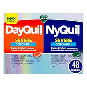 VICKS DayQuil & NyQuil SEVERE Co-Pack, Cold & Flu Medicine, Powerful Relief for Headache, Fever, Sore Throat, Minor Aches & Pains, Congestion, Sinus Pressure, Stuffy Nose, and Cough, 48 LiquiCaps