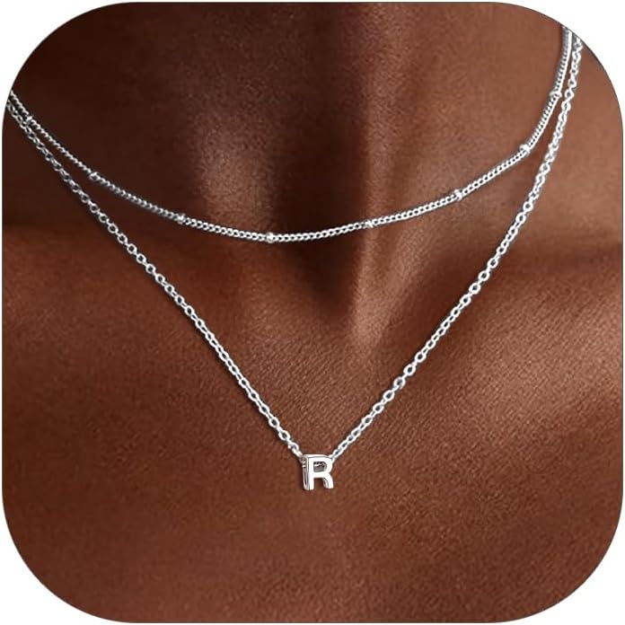 ChicSilver Layered Initial Necklace for Women, 925 Sterling Silver Personalized Letter A-Z Pendant Necklaces, Hypoallergenic Silver Choker with Adjustable 16" Rolo Chain, Dainty Birthday jewelry