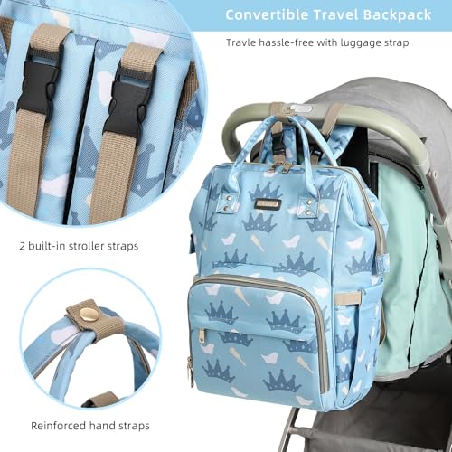 Image of Diaper Bag Backpack, Diaper Bags for Baby Girls Boys, Baby Bags for Moms Dads, Nappy Changing Bag with Insulated Pockets,Multi-functional Waterproof Backpack with Stroller straps-Light blue crown