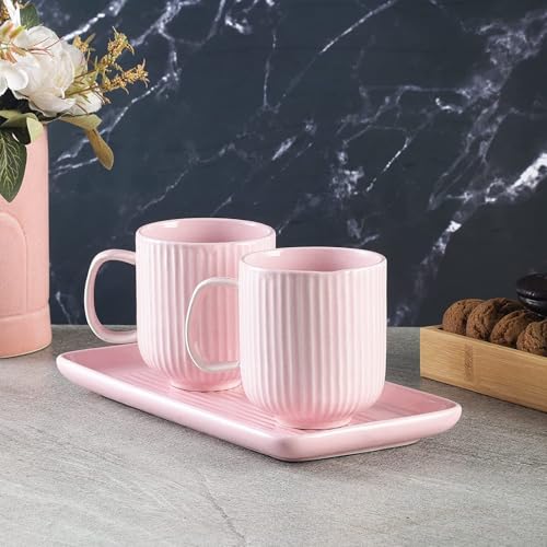 Image of Premium Ceramic Coffee Mug Set with Tray | Mugs 300 ml (Set of 2) with Matching Serving Tray | Modern Stoneware Cups | Ideal for Tea, Coffee & Gifting (Pink)