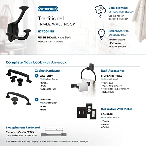 Image of Amerock Vicinity Triple Prong Matte Black Wall-Mounted Hook | Decorative wall hook in durable zinc construction for coats, hats, bags, towels, and everyday organization