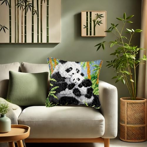 GemJelry Latch Hook Kits for Adults Kids DIY Animal Panda Pillow Cover Beginner Cross Stitch Kits with Preprinted Canvas Crochet Yarn Embroidery Hooking Kit Sofa Home Decor 17'' X 17'' by GemJelry - Image 2