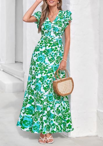 Image of PRETTYGARDEN Womens Summer Boho Floral Maxi Dress | V Neck Ruffle Sleeve Tiered A-Line Sundress, Lightweight Flowy Long Dresses for Spring Wedding Guest, Cocktail Party, Cruise