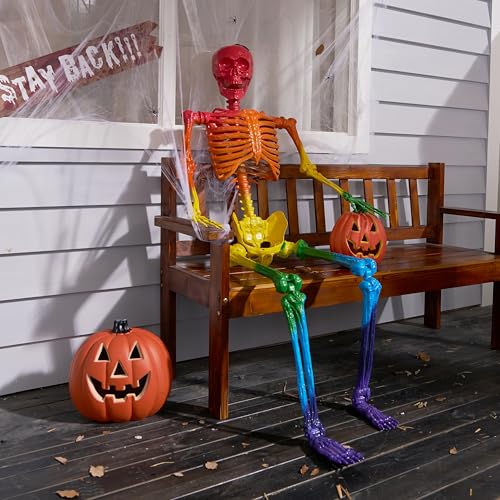 Image of JOYIN 5.6 FT Halloween Posable Life Size Skeleton, Full Body Realistic Bones with Movable Joints, Rainbow Color Giant Skeletons for Halloween Decoration Outdoor, Haunted House Prop, Spooky Scene Party
