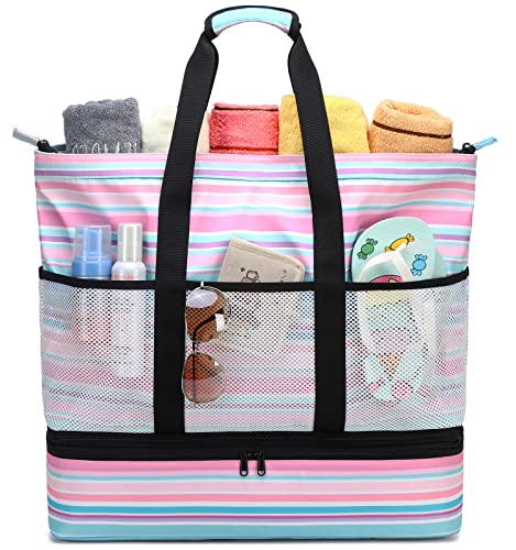 Image of JIANYA Beach Bag Women Waterproof Sandproof Beach Tote Bags with Cooler Top Zipper Large Totes for Beach Pool Travel Daily