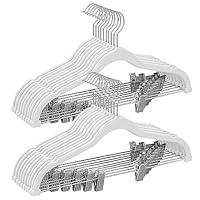 SONGMICS Kleiderbügel Samt, 20er Set, Hosenbügel, 42,5 cm lang, mit verstellbaren Clips, rutschfest, platzsparend, für Hosen, Mäntel, Kleider, weiß CRF012W20