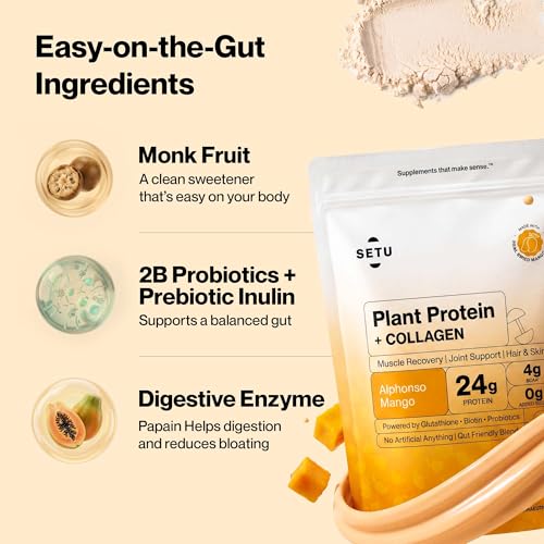 Image of Setu Plant Protein + Veg Collagen | 24g Protein with Glutathione & Biotin | Pea & Rice Isolate | For Muscle, Skin & Hair | Protein Powder for Men & Women | Alphonso Mango Flavour | (Pack of 6 Single Serve Sachets)